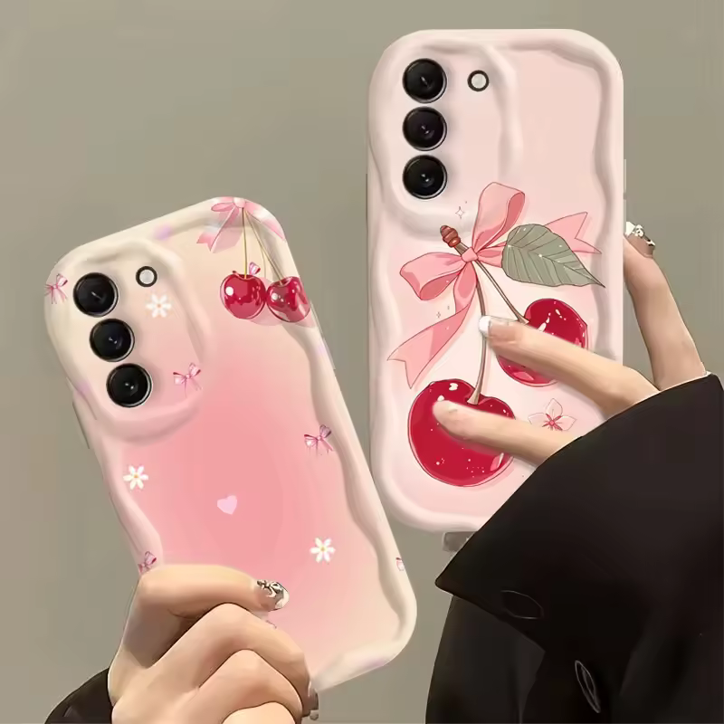 Chic Pink Bowknot Cherry Cream Aesthetic Soft Silicone Phone Case for Samsung Galaxy Series - Image 1