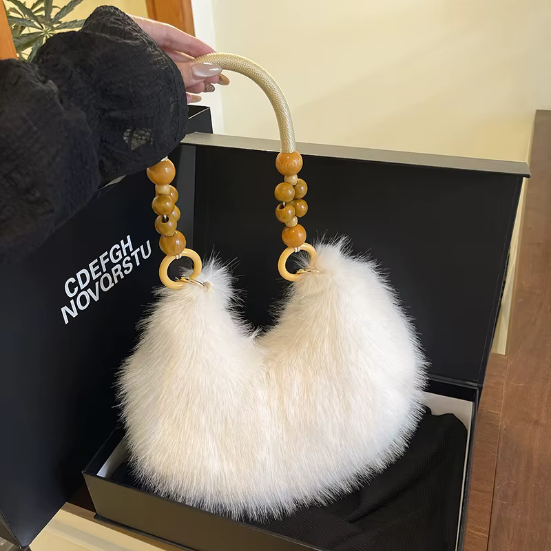 Chic Faux Fur Dumpling Shoulder Bag with Beaded Handle – Soft & Stylish Everyday Handbag alternate