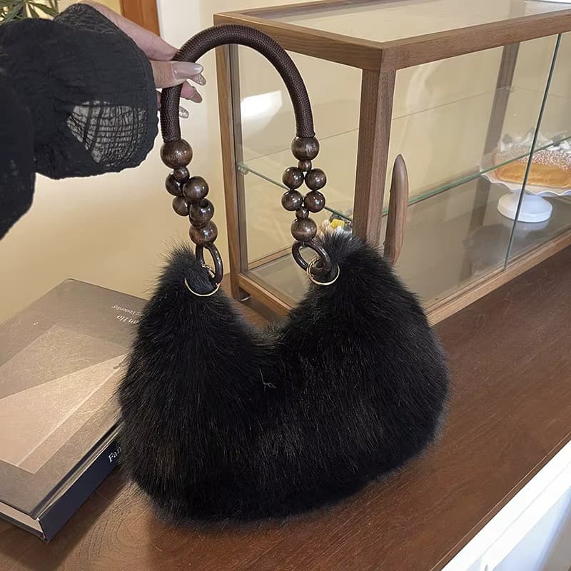 Chic Faux Fur Dumpling Shoulder Bag with Beaded Handle – Soft & Stylish Everyday Handbag - Image 3