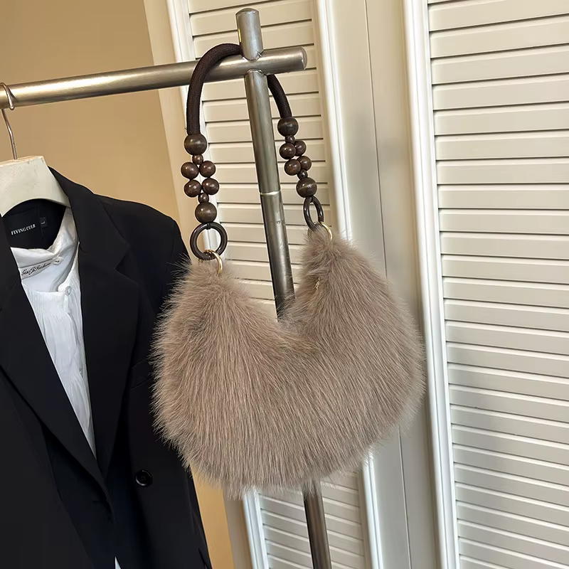 Chic Faux Fur Dumpling Shoulder Bag with Beaded Handle – Soft & Stylish Everyday Handbag - Image 4