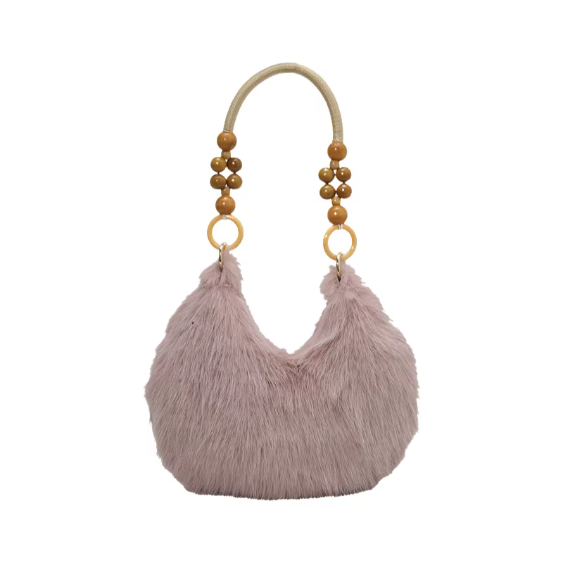 Chic Faux Fur Dumpling Shoulder Bag with Beaded Handle – Soft & Stylish Everyday Handbag - Image 5