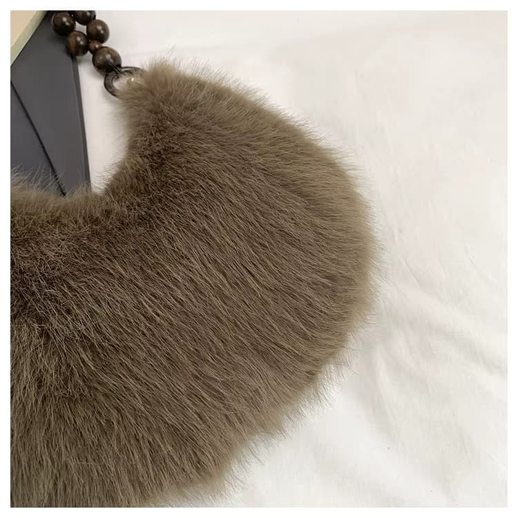 Chic Faux Fur Dumpling Shoulder Bag with Beaded Handle – Soft & Stylish Everyday Handbag - Image 6