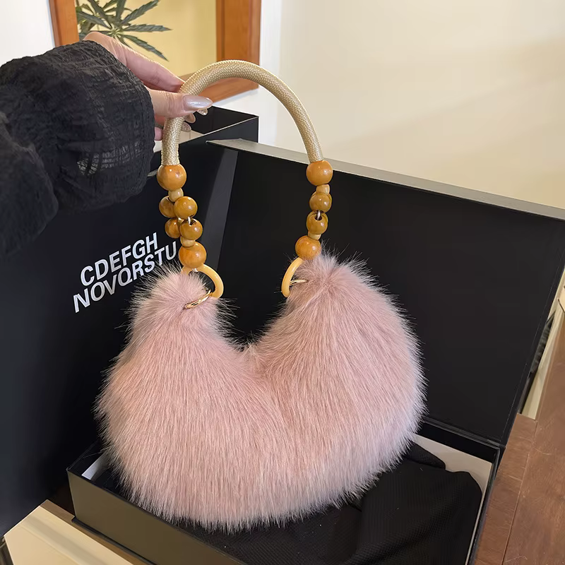 Chic Faux Fur Dumpling Shoulder Bag with Beaded Handle – Soft & Stylish Everyday Handbag - Image 7