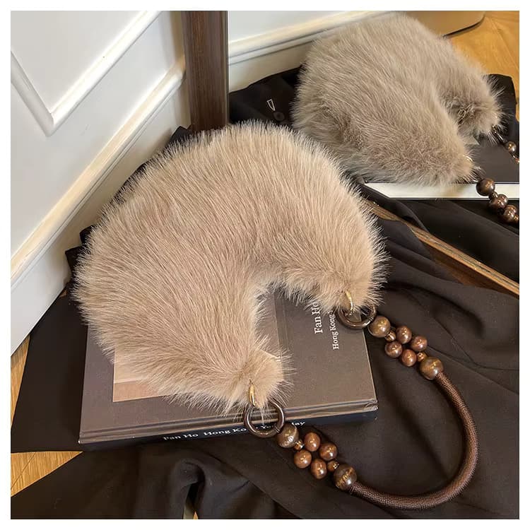Chic Faux Fur Dumpling Shoulder Bag with Beaded Handle – Soft & Stylish Everyday Handbag - Image 9