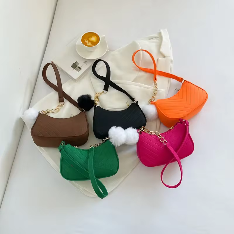 Chic Felt Crescent Shoulder Bag with Optional Pompom Charm — Versatile Everyday Handbag