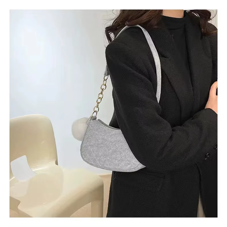 Chic Felt Crescent Shoulder Bag with Optional Pompom Charm — Versatile Everyday Handbag - Image 11