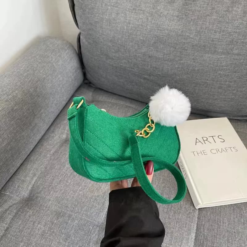 Chic Felt Crescent Shoulder Bag with Optional Pompom Charm — Versatile Everyday Handbag - Image 12