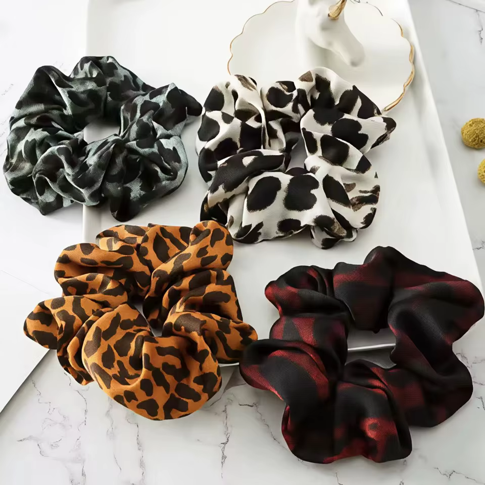 Chic Pleated Leopard Print Satin Scrunchies for Effortless Ponytails & Buns - Image 3
