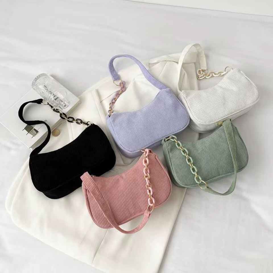 Chic Corduroy Underarm Shoulder Bag with Trendy Chain Accent - Image 1