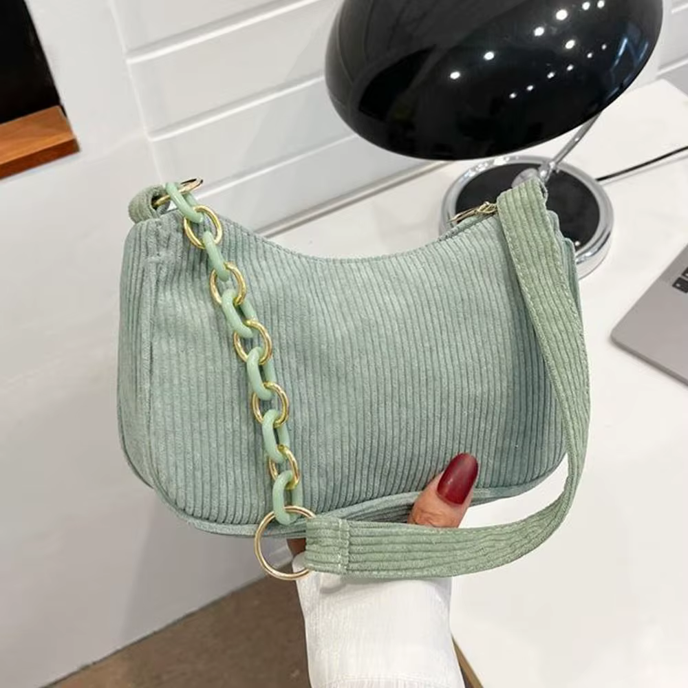 Chic Corduroy Underarm Shoulder Bag with Trendy Chain Accent - Image 2
