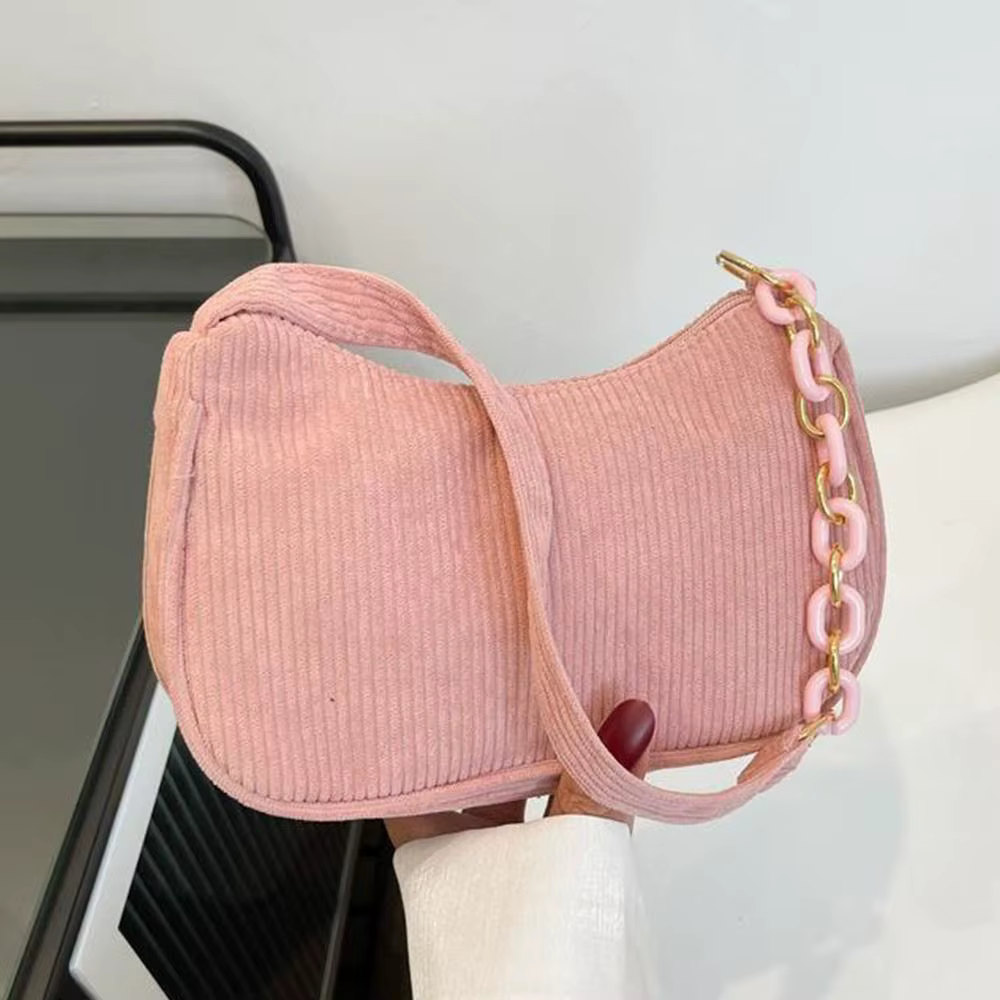 Chic Corduroy Underarm Shoulder Bag with Trendy Chain Accent - Image 3