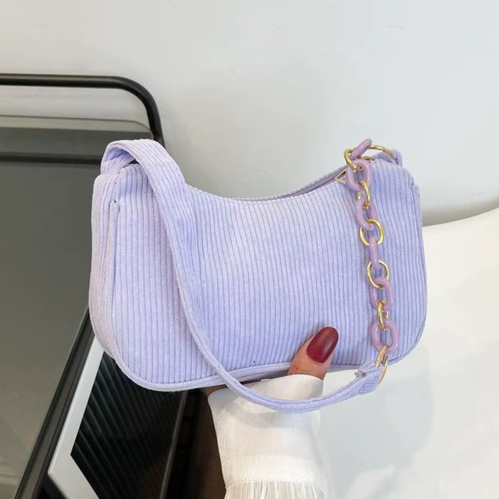 Chic Corduroy Underarm Shoulder Bag with Trendy Chain Accent - Image 5