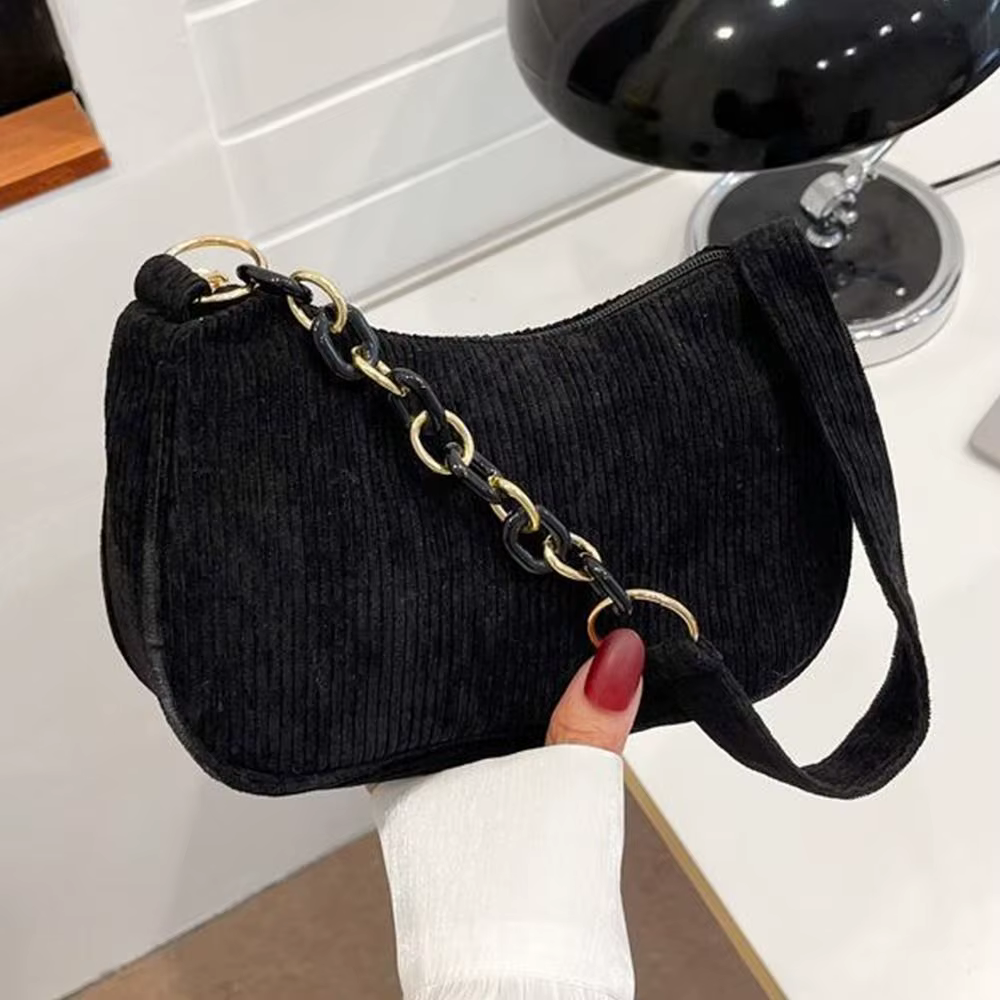 Chic Corduroy Underarm Shoulder Bag with Trendy Chain Accent - Image 6